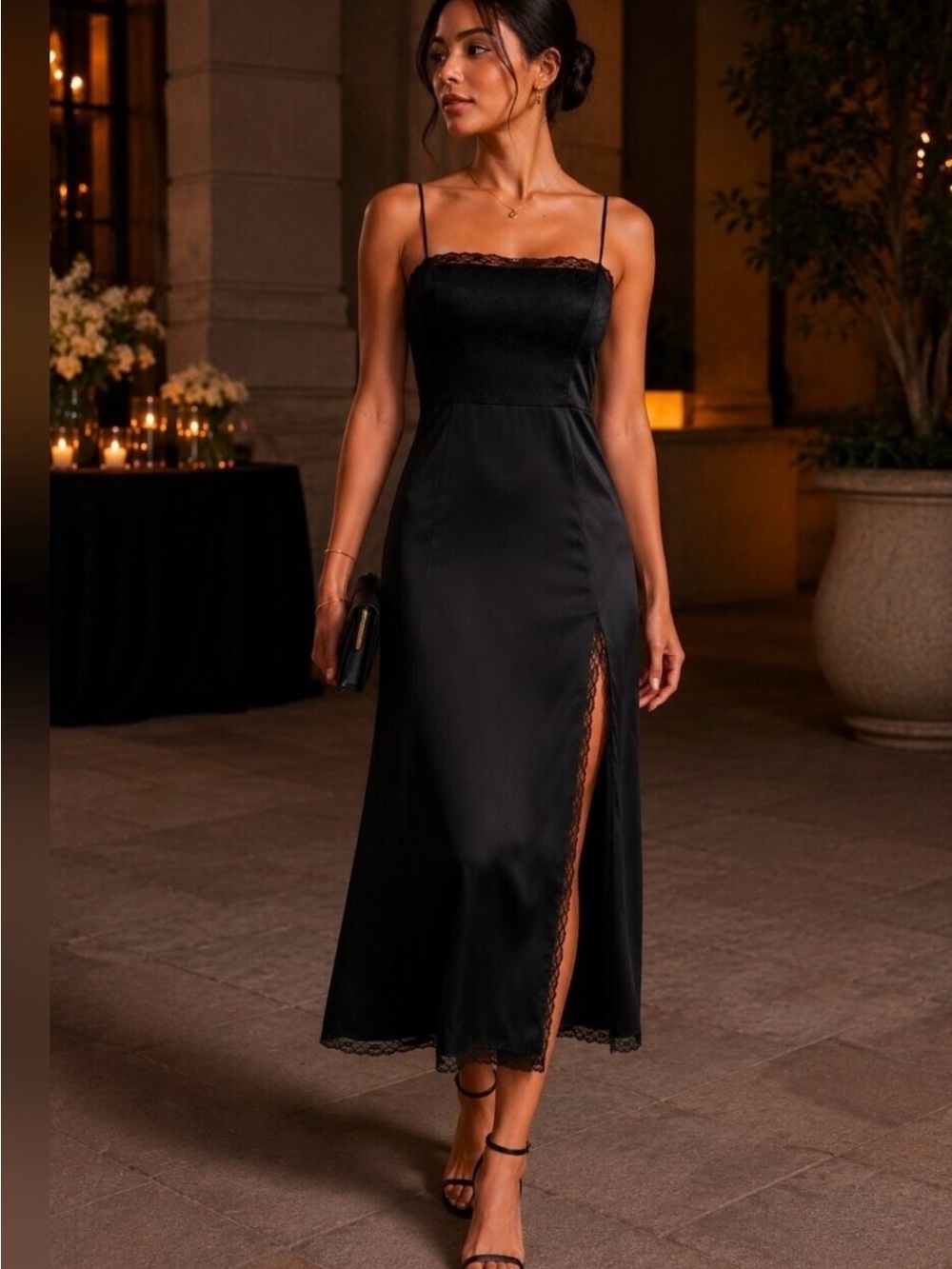 Abercrombie & Fitch Black Lace-Trim Slip Midi Dress with Side Slit